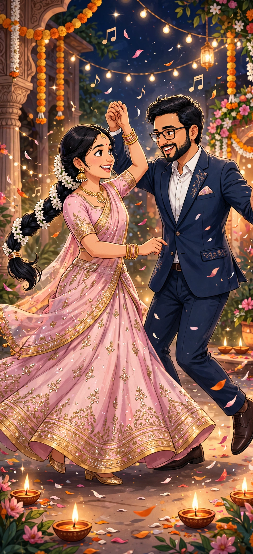 Illustrated Pallavi and Pavan dancing in light pink and navy Sangeet attire under festive lights